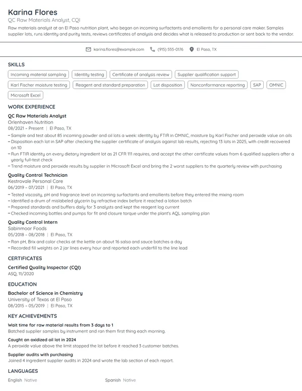 QC Raw Materials Analyst resume example