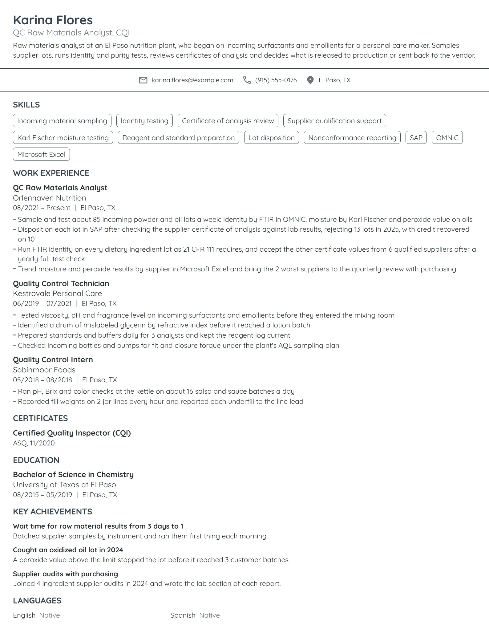 QC Raw Materials Analyst resume example