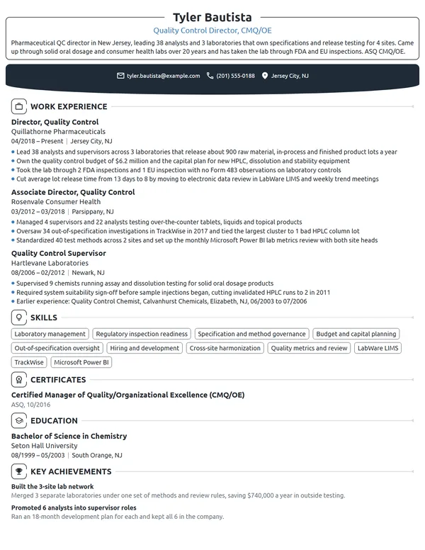 Quality Control Director resume example
