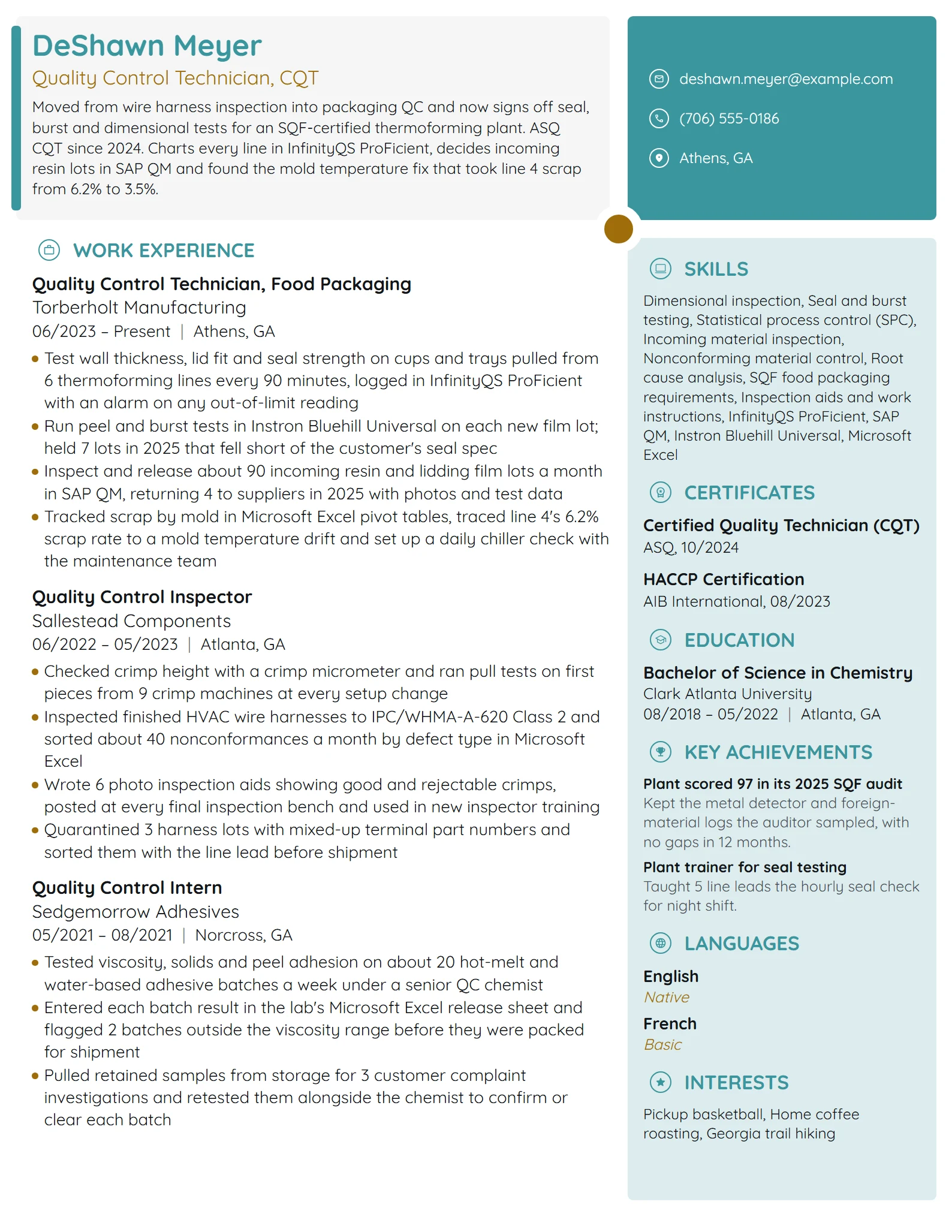 Quality Control resume example