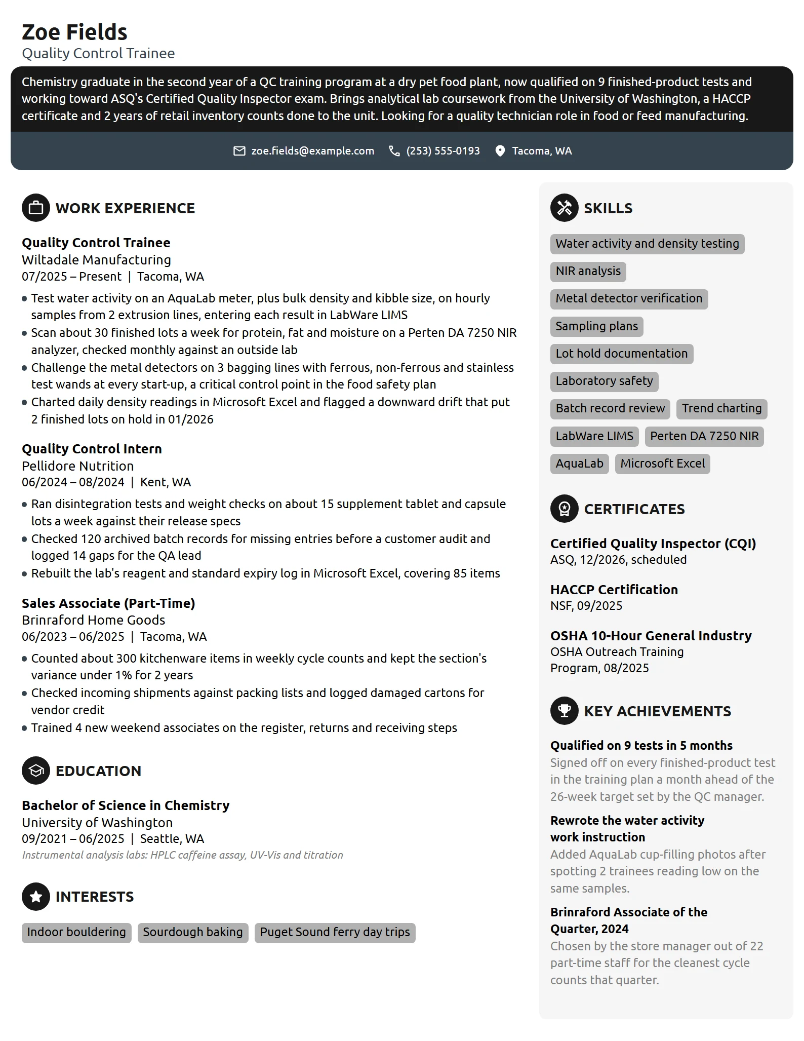 Quality Control Trainee resume example