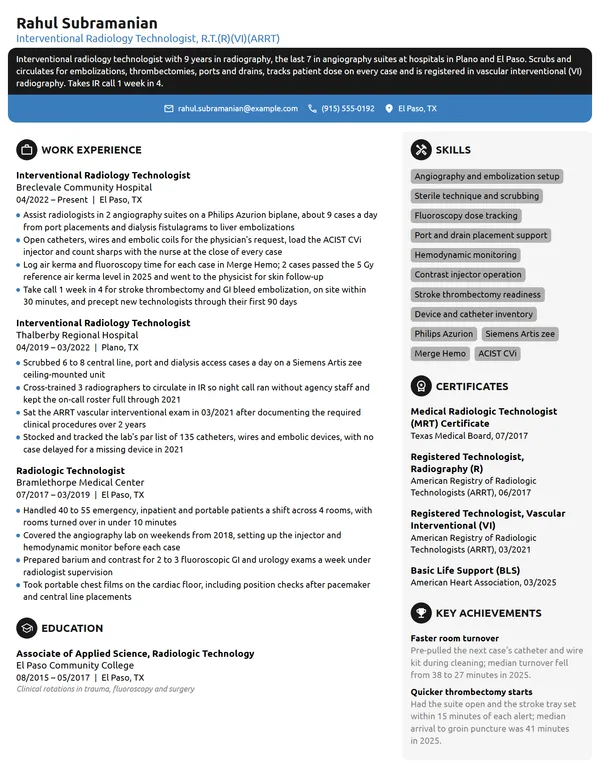 Interventional Radiology Technologist resume example