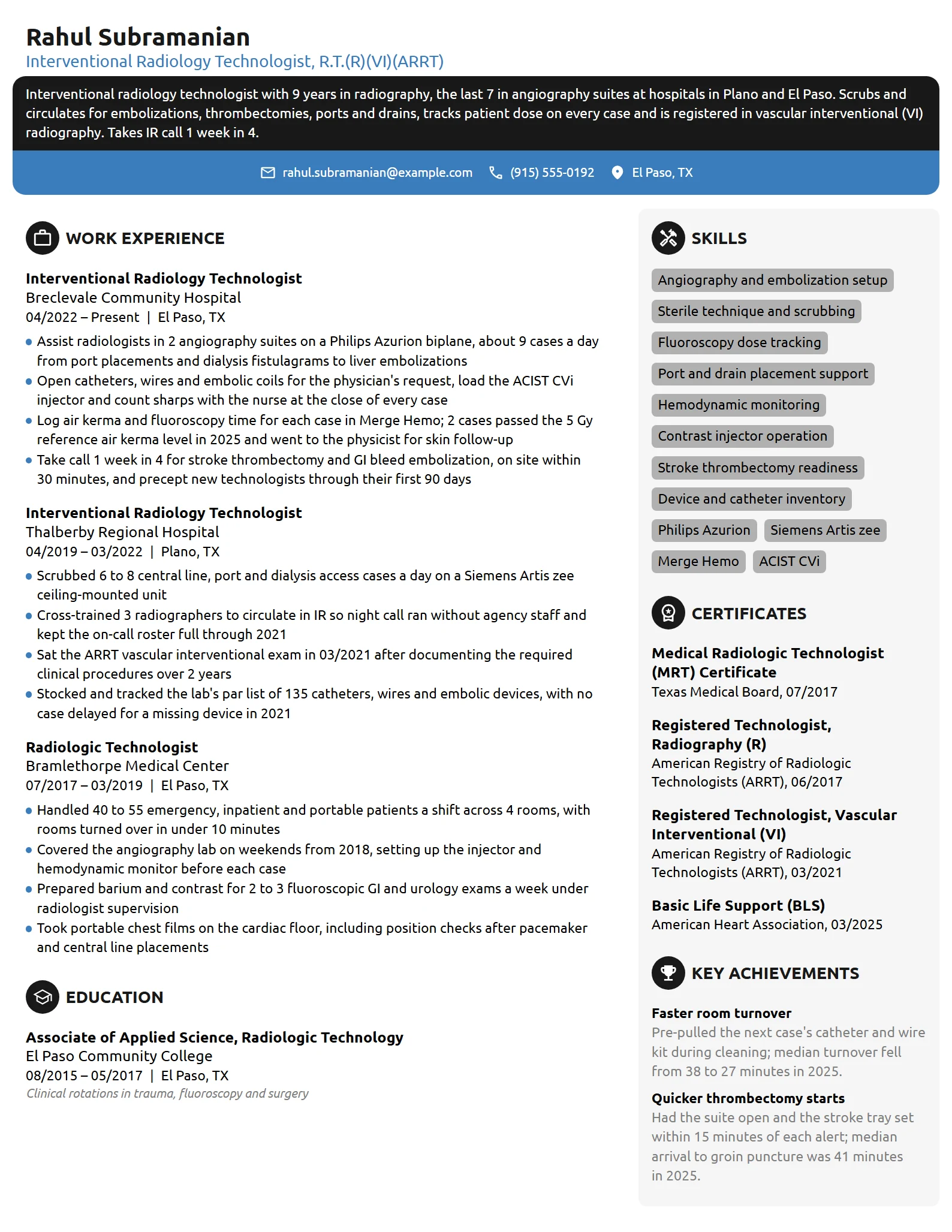 Interventional Radiology Technologist resume example