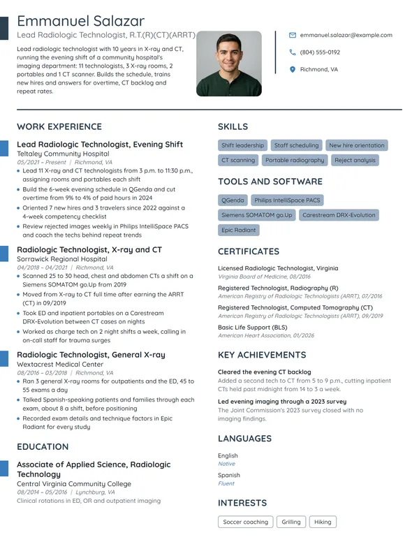 Lead Radiologic Technologist resume example