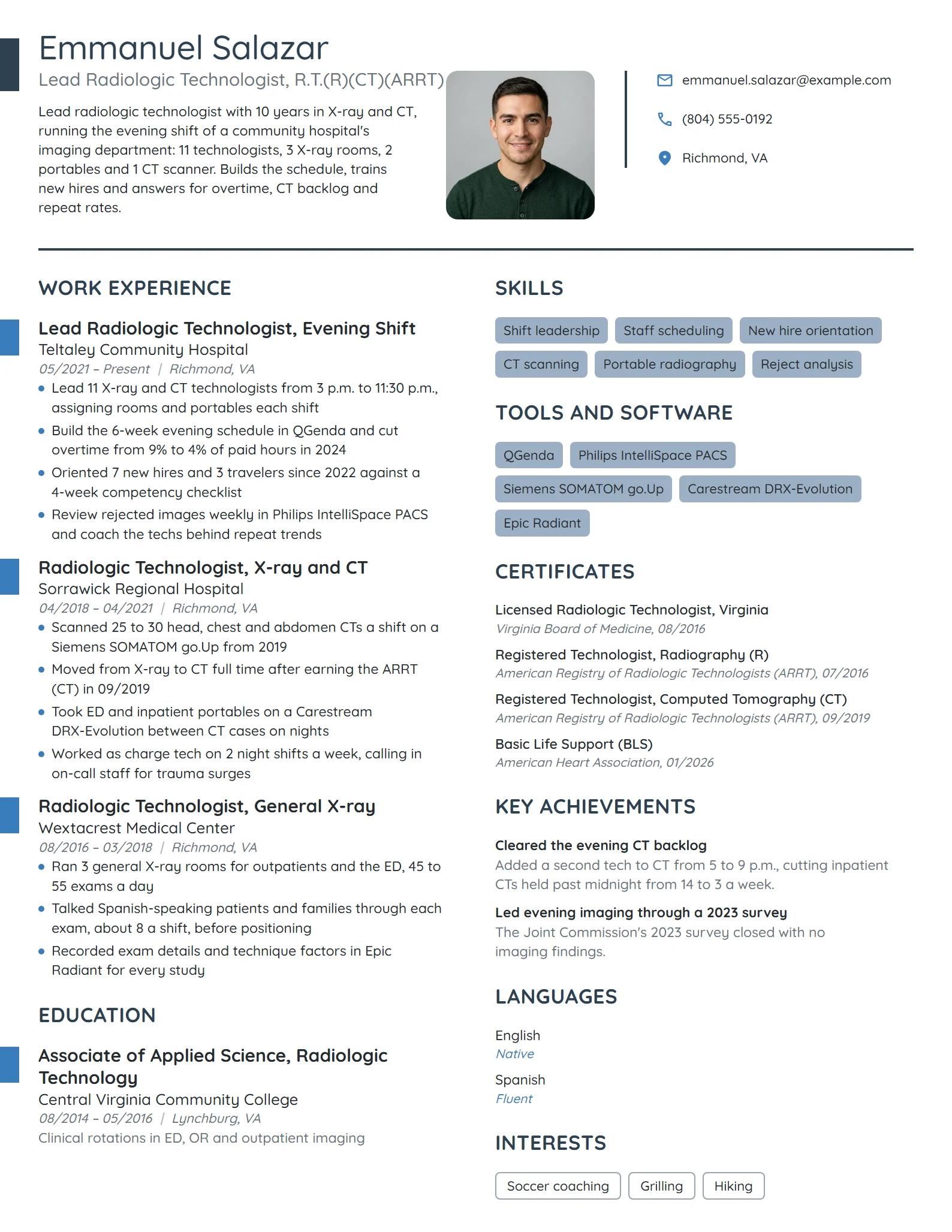 Lead Radiologic Technologist resume example