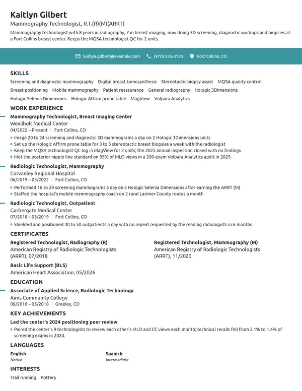 Mammography Technologist resume example