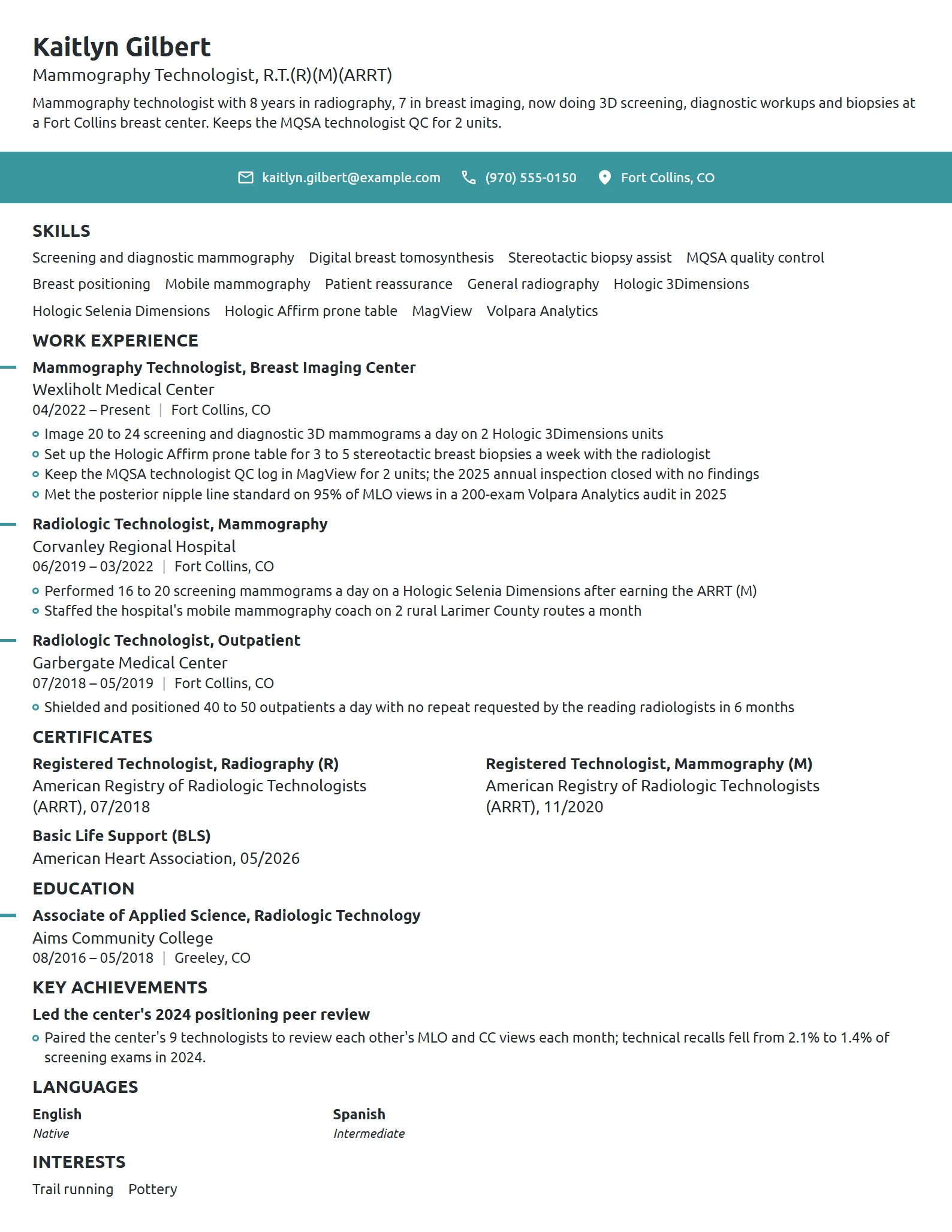 Mammography Technologist resume example