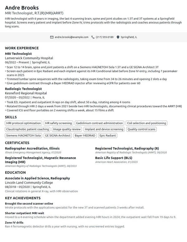 MRI Technologist resume example