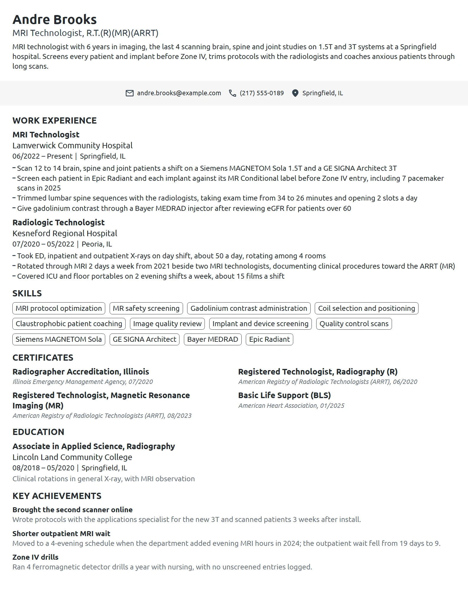 MRI Technologist resume example