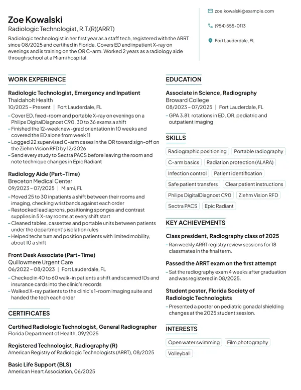 New Grad Radiologic Technologist resume example