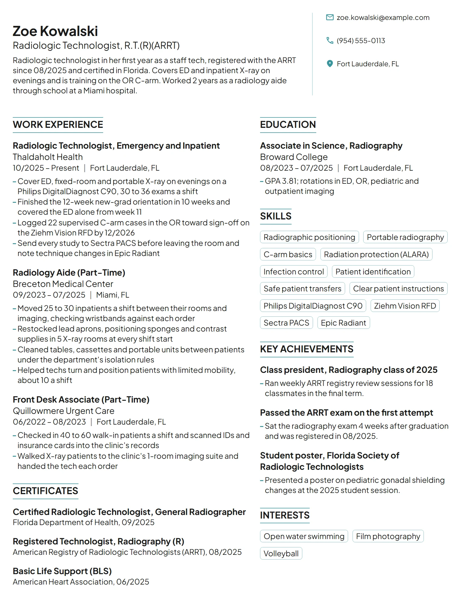 New Grad Radiologic Technologist resume example