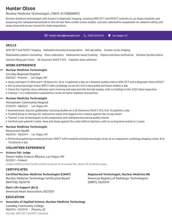 Nuclear Medicine Technologist resume example