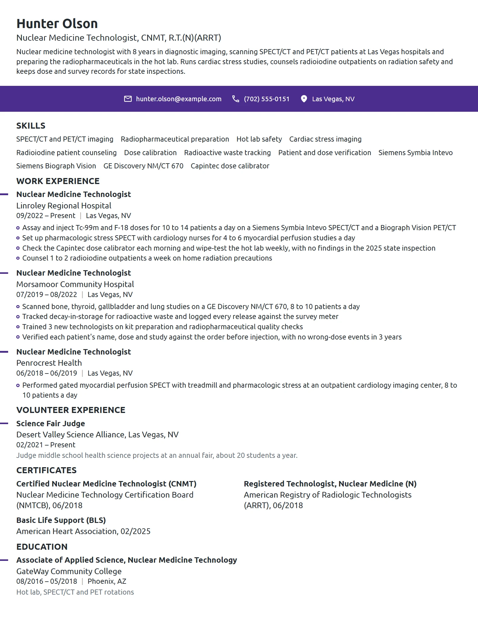 Nuclear Medicine Technologist resume example
