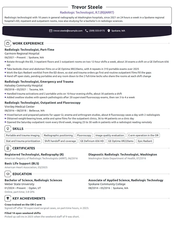Part-Time Radiologic Technologist resume example
