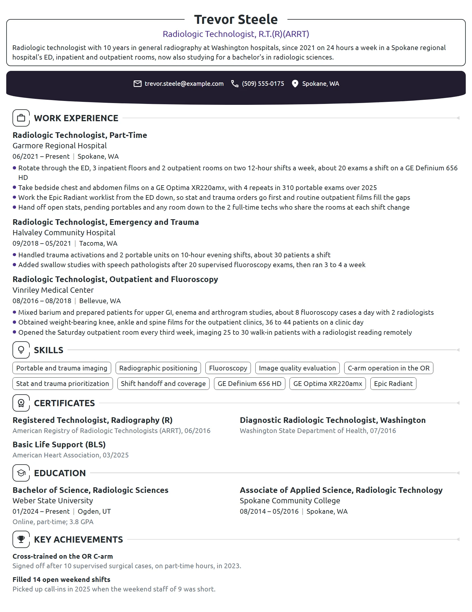 Part-Time Radiologic Technologist resume example