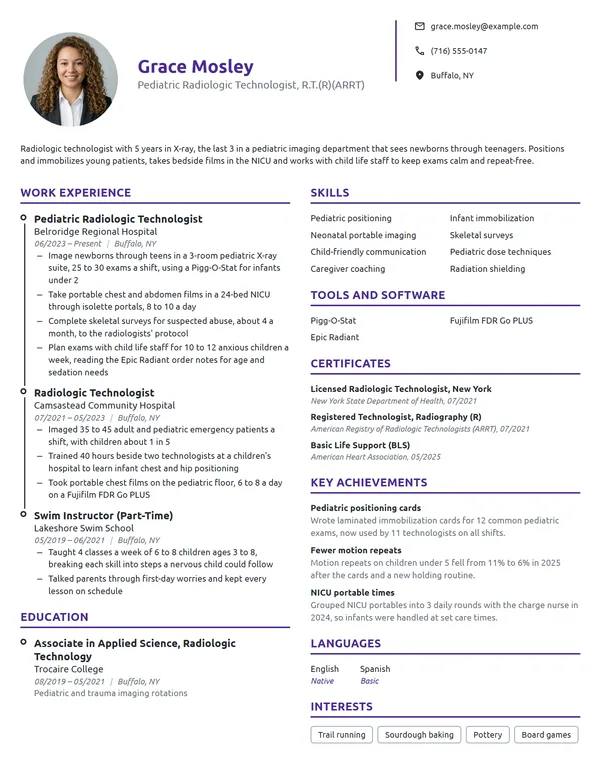 Pediatric Radiologic Technologist resume example