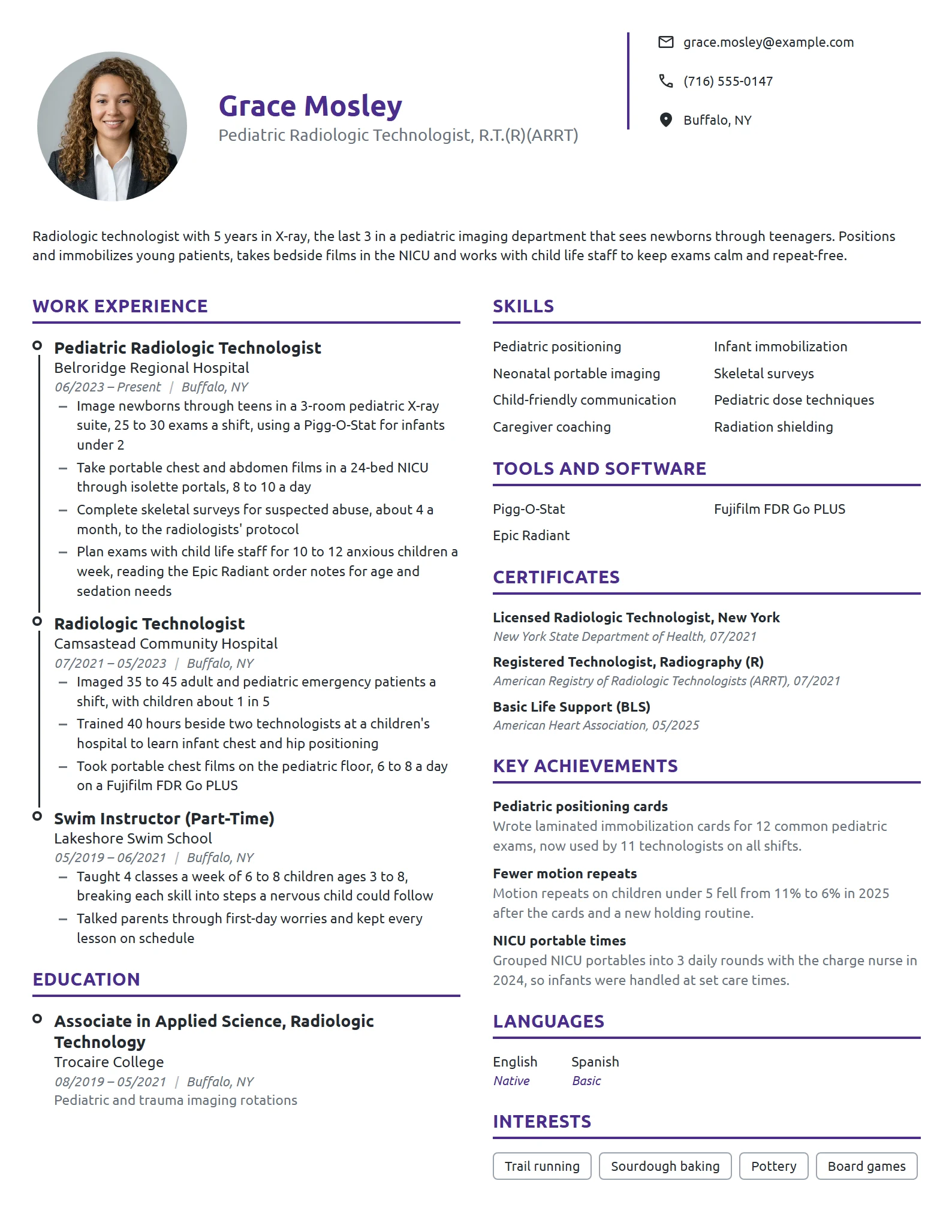 Pediatric Radiologic Technologist resume example