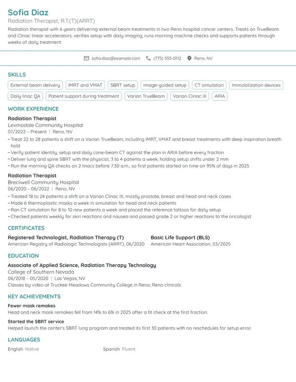 Radiation Therapist resume example