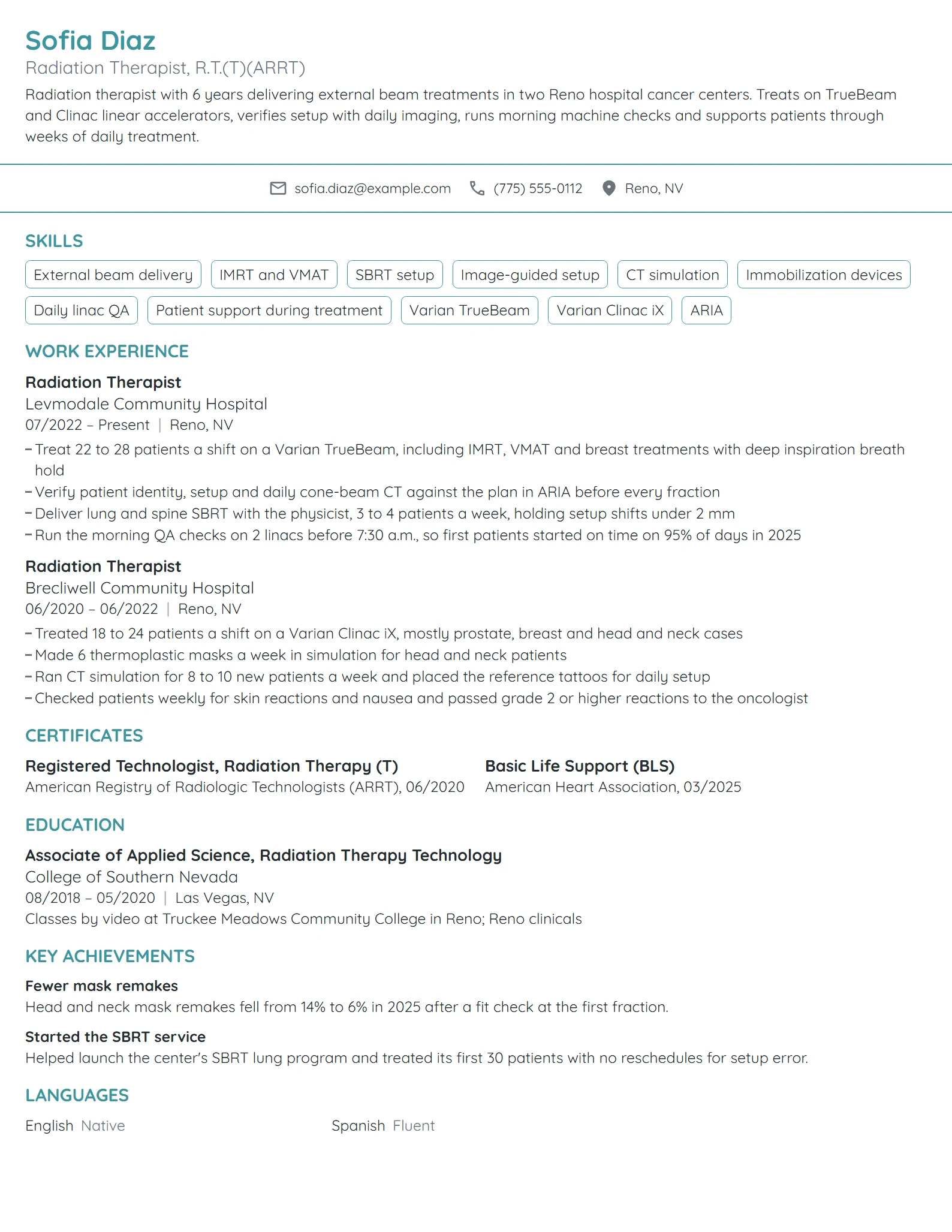 Radiation Therapist resume example