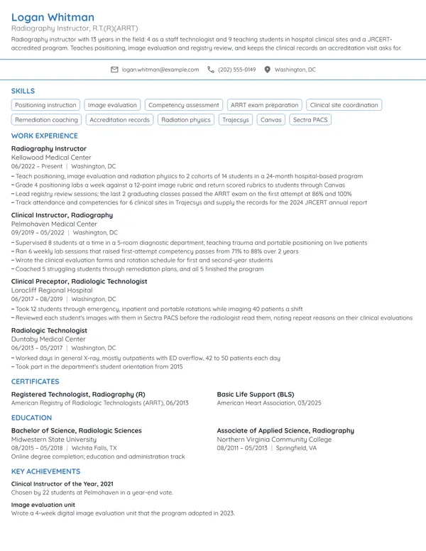 Radiography Instructor resume example