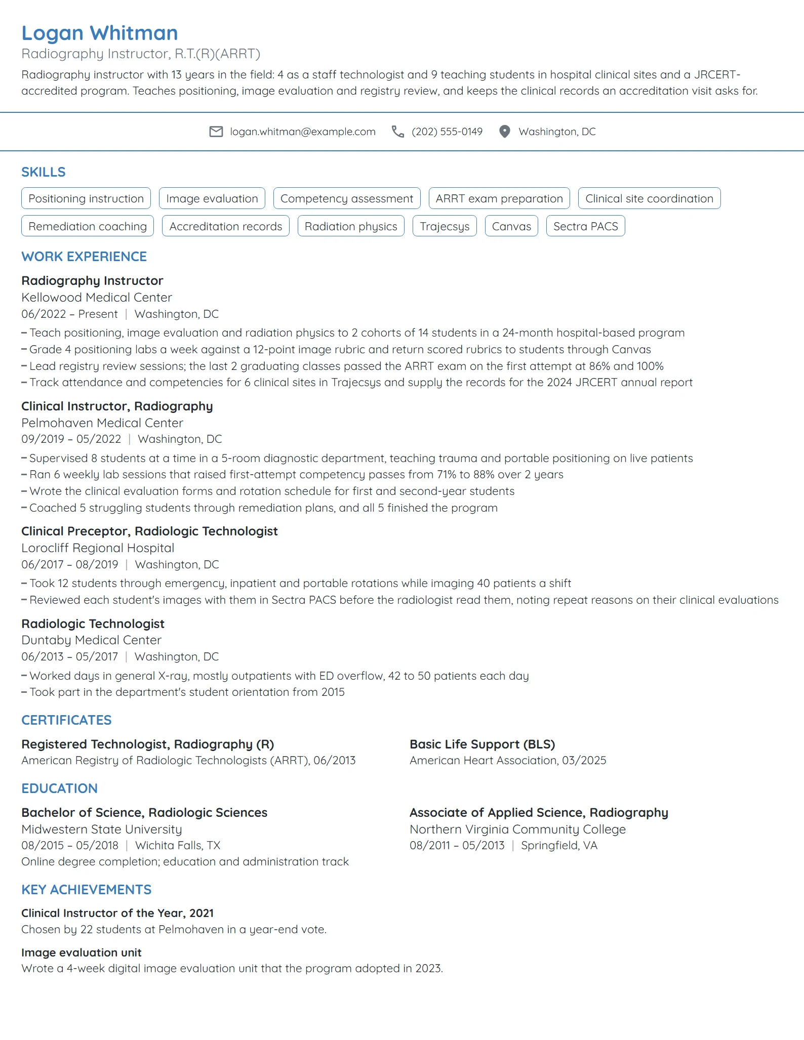 Radiography Instructor resume example