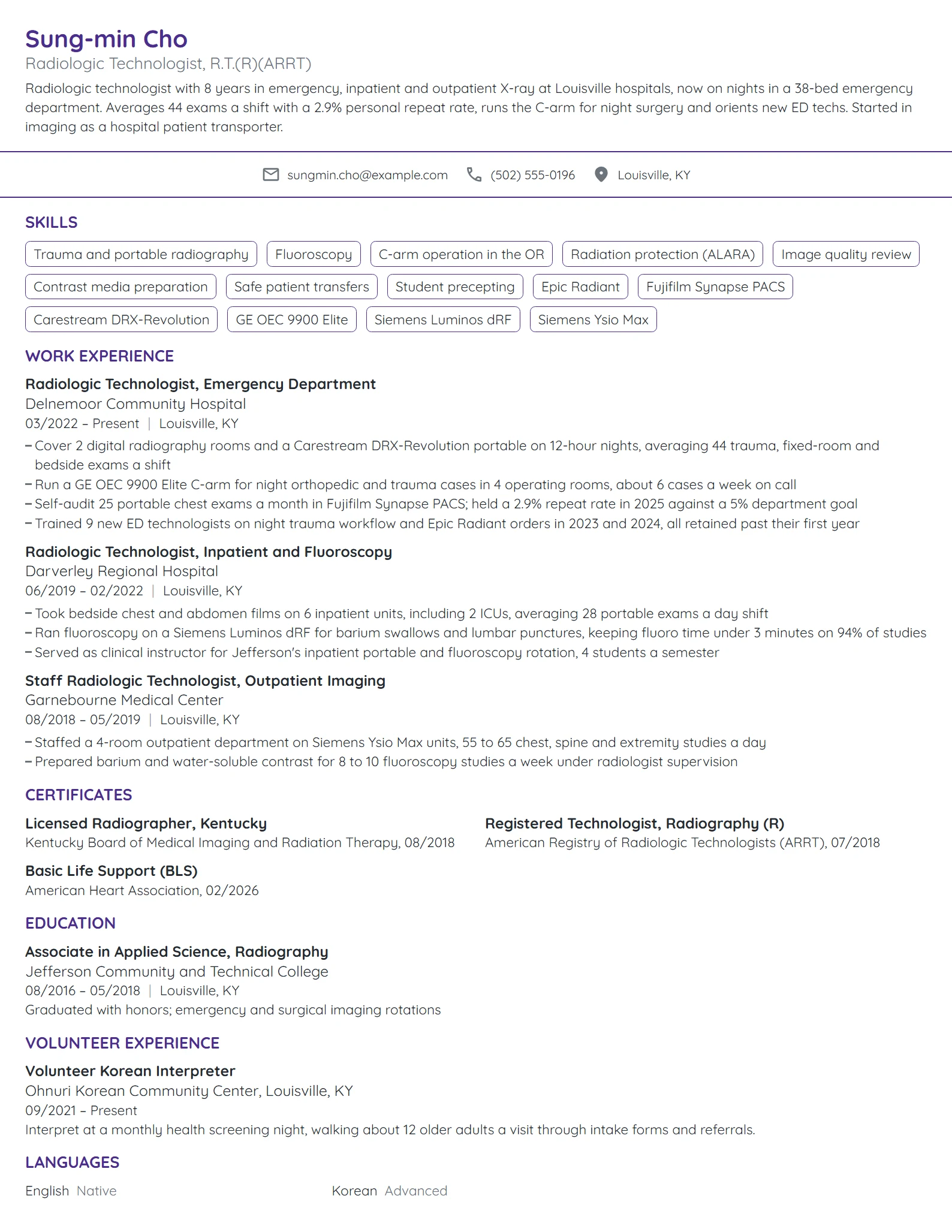 Radiologic Technologist resume example