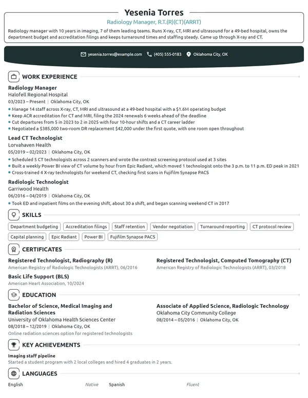 Radiology Manager resume example