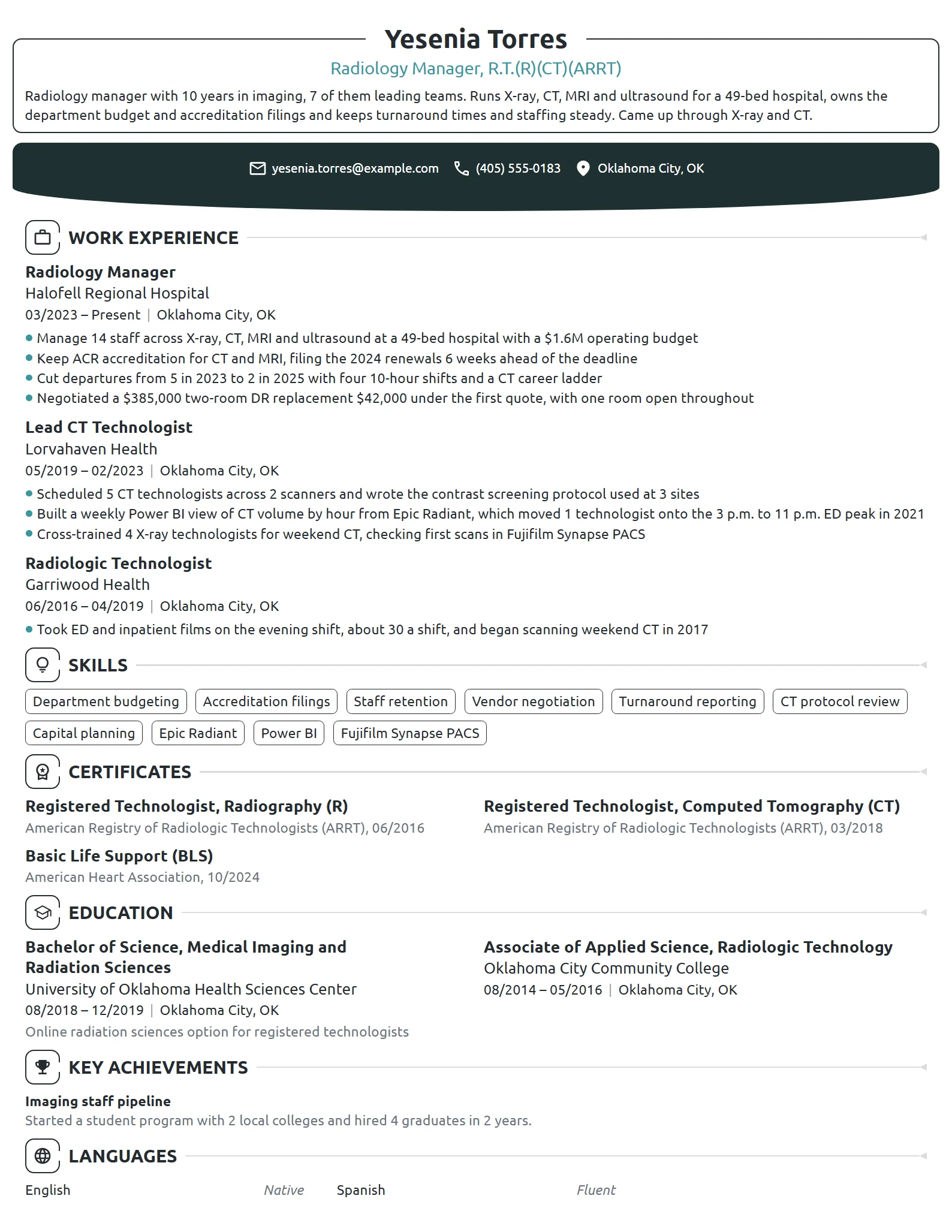 Radiology Manager resume example