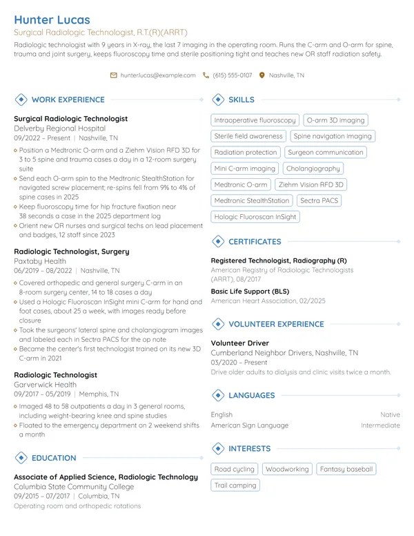 Surgical Radiologic Technologist resume example