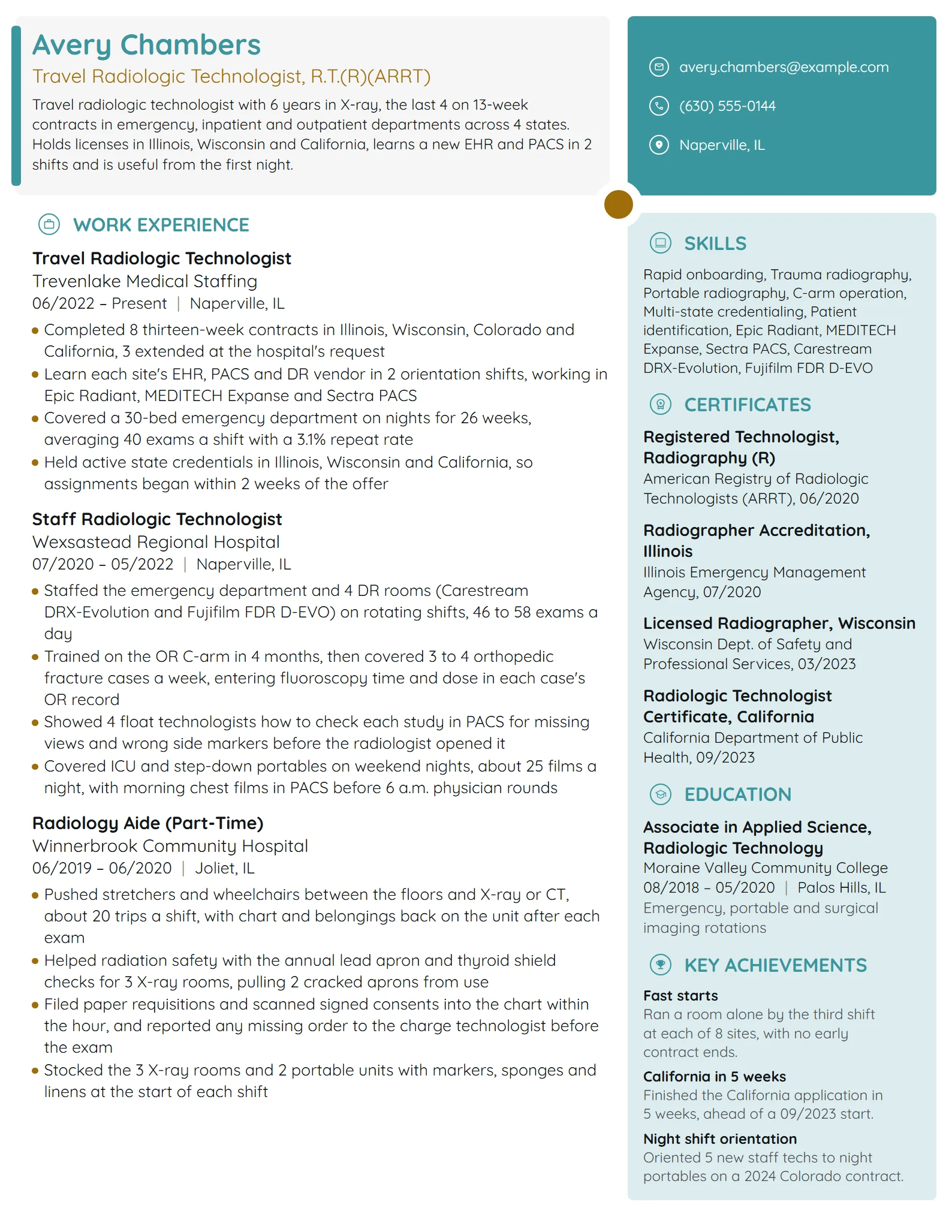 Travel Radiologic Technologist resume example