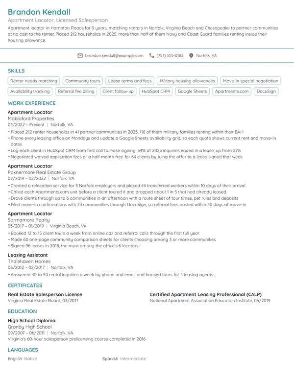 Apartment Locator resume example