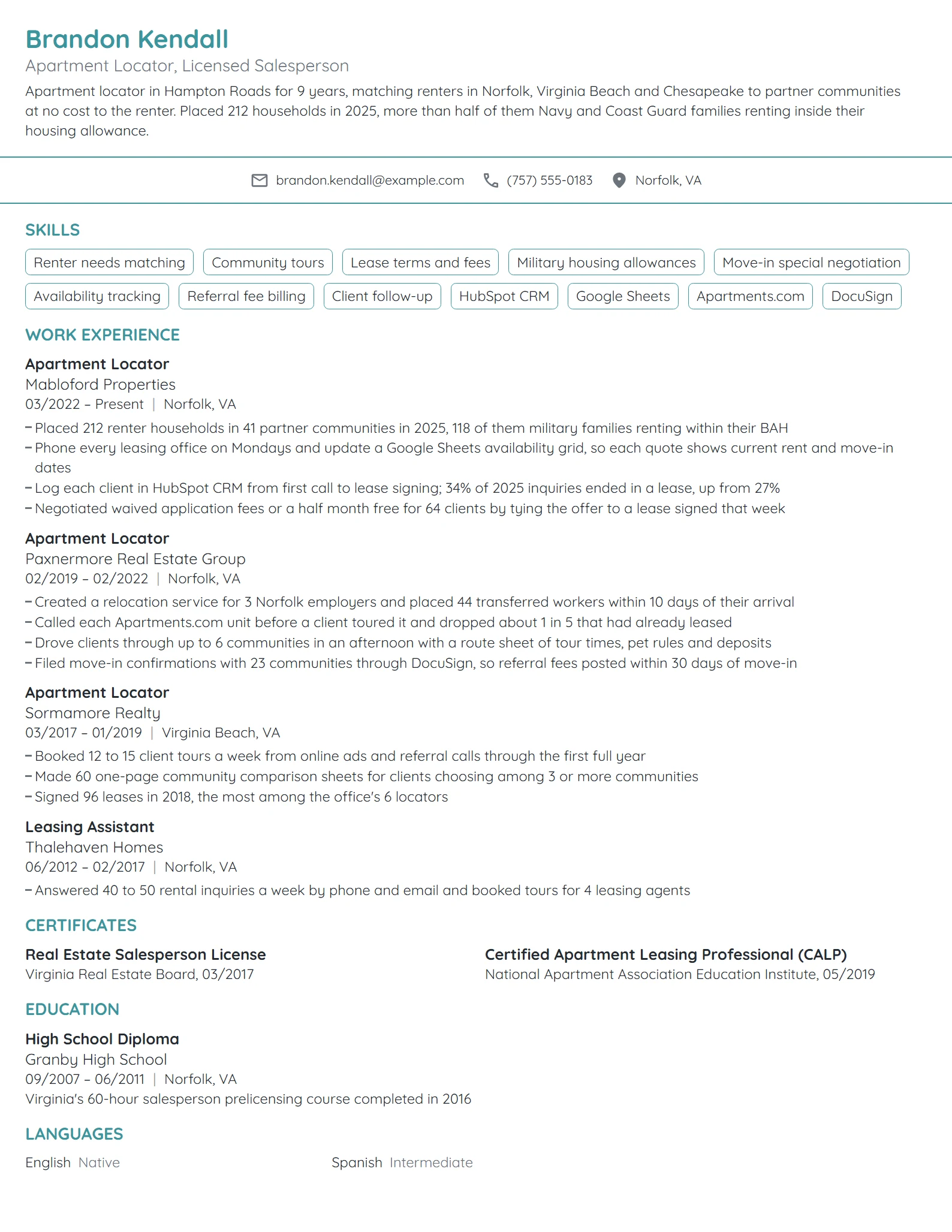 Apartment Locator resume example