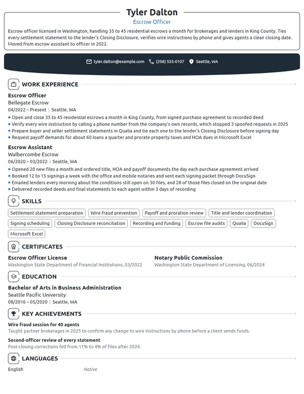 Escrow Officer resume example