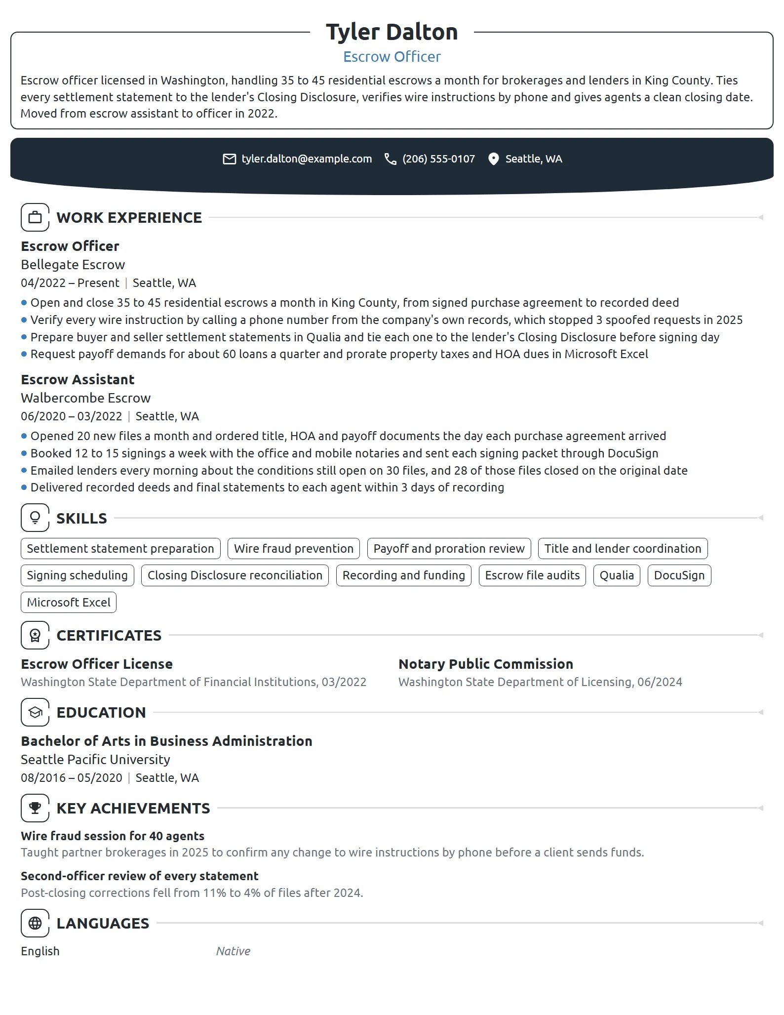 Escrow Officer resume example