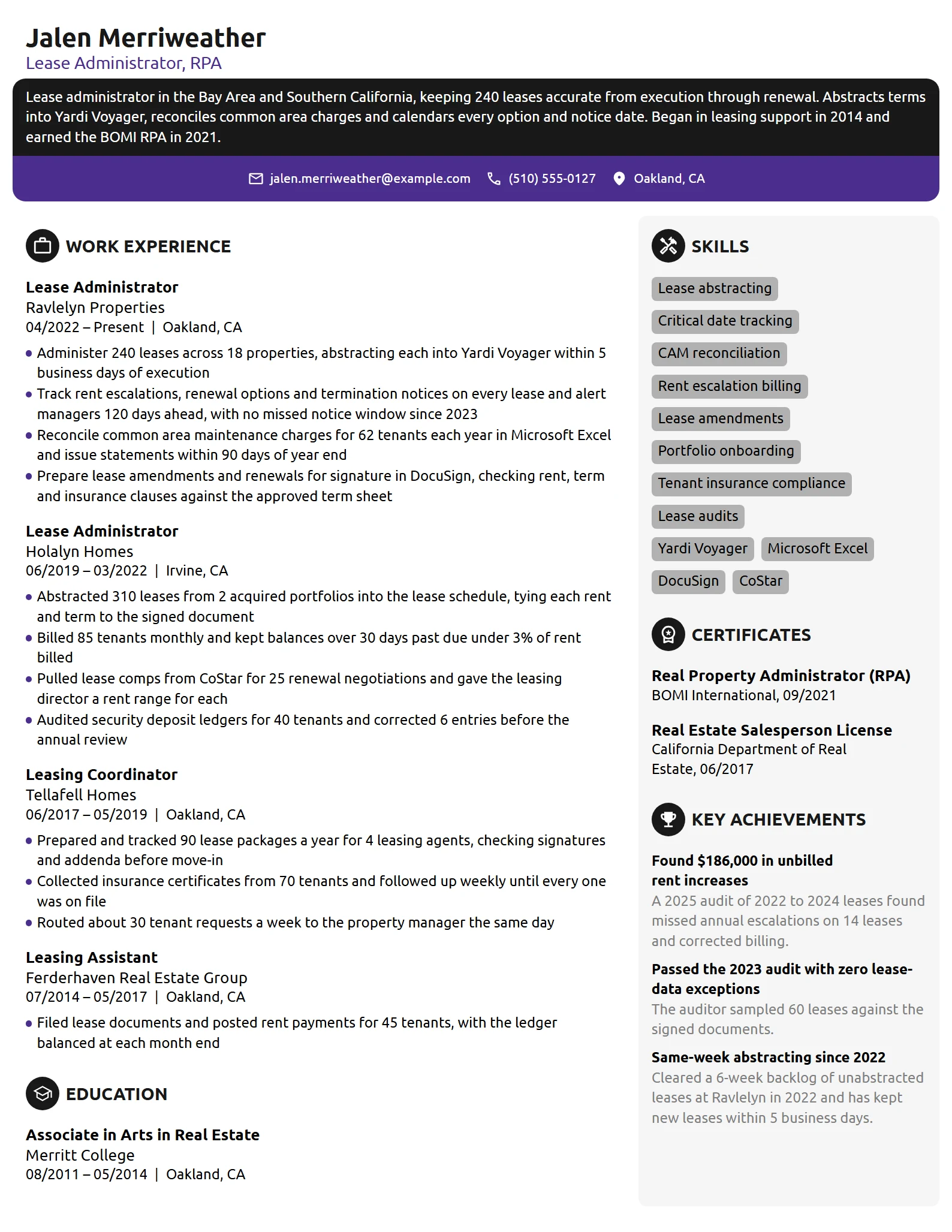 Lease Administrator resume example