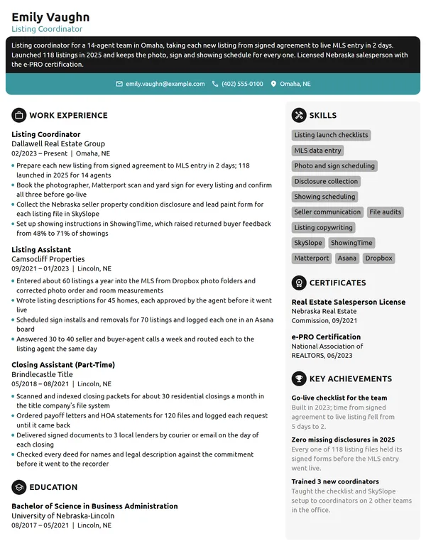 Listing Coordinator resume example