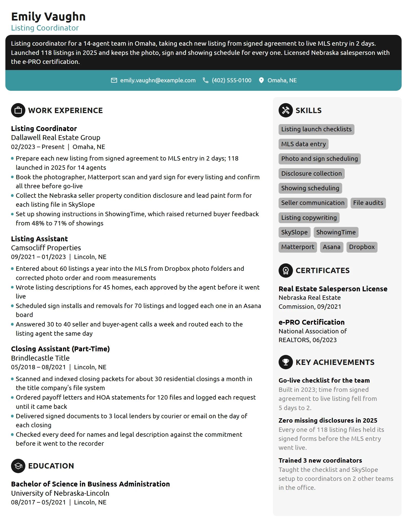 Listing Coordinator resume example