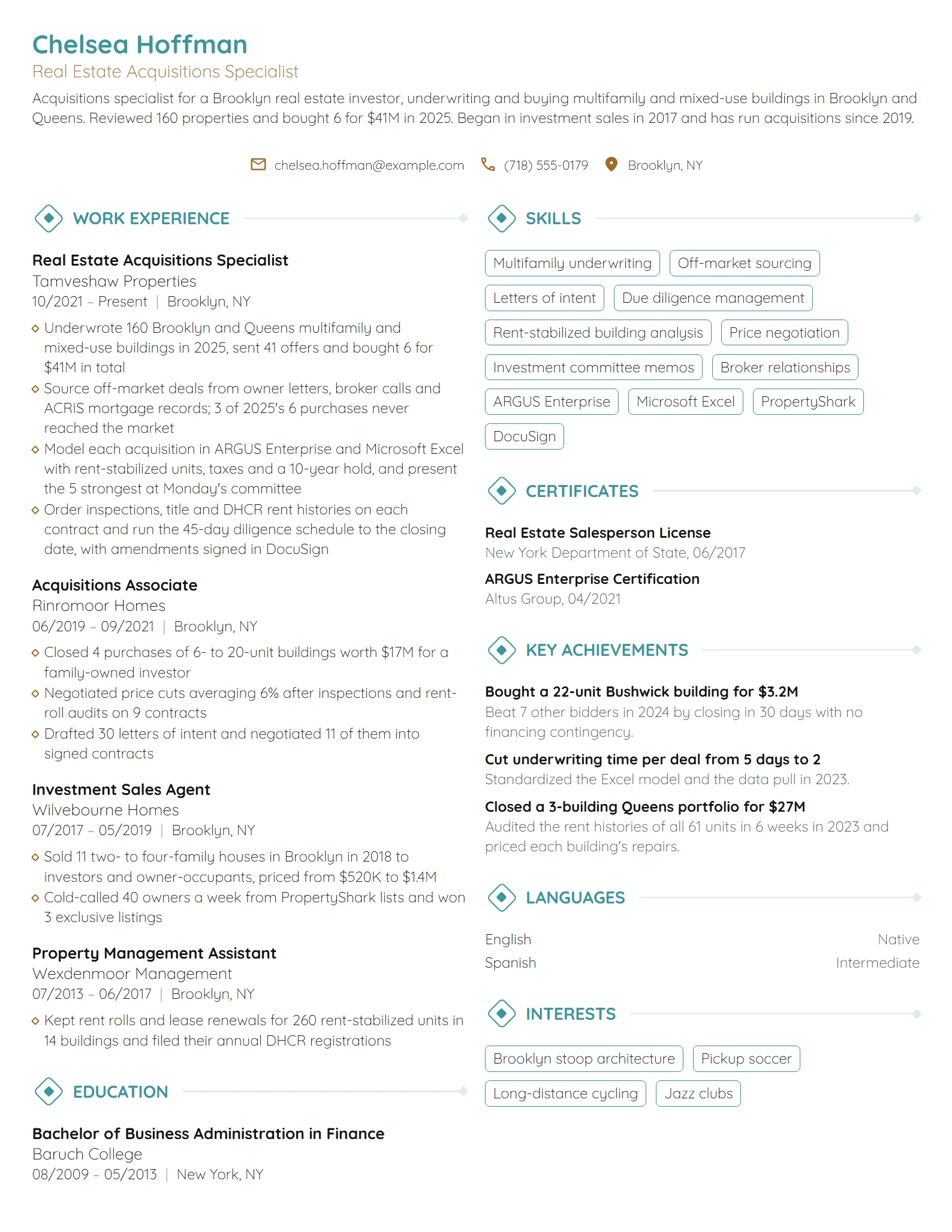 Real Estate Acquisitions Specialist resume example