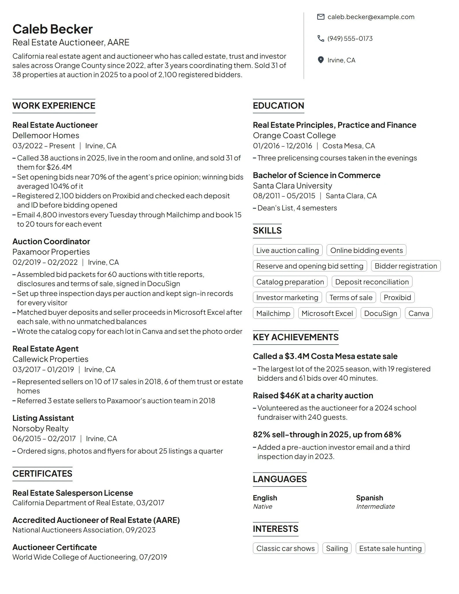 Real Estate Auctioneer resume example