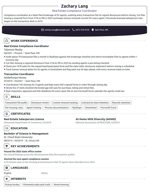 Real Estate Compliance Coordinator resume example
