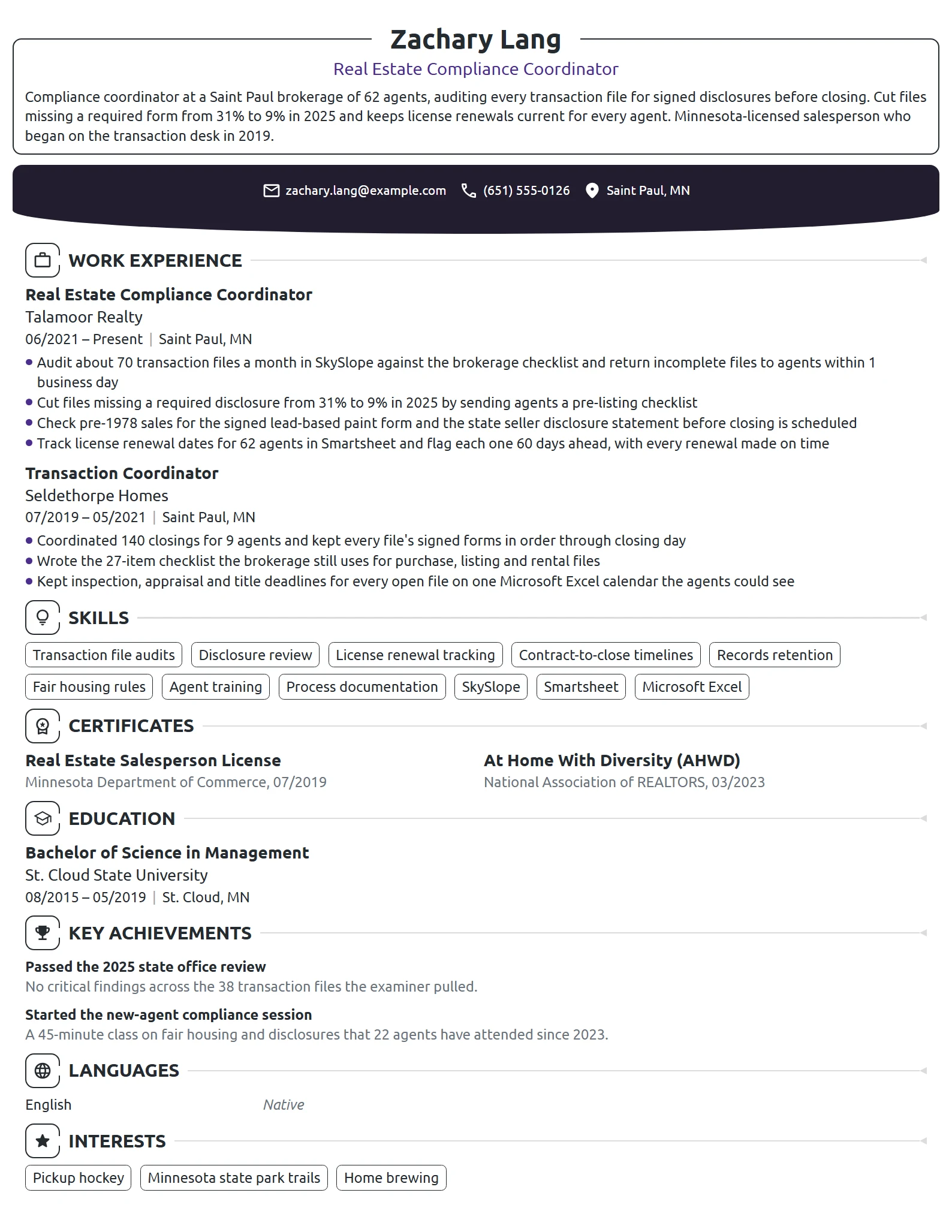 Real Estate Compliance Coordinator resume example