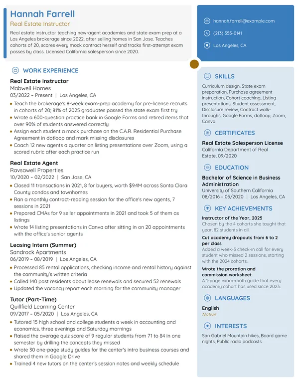 Real Estate Instructor resume example