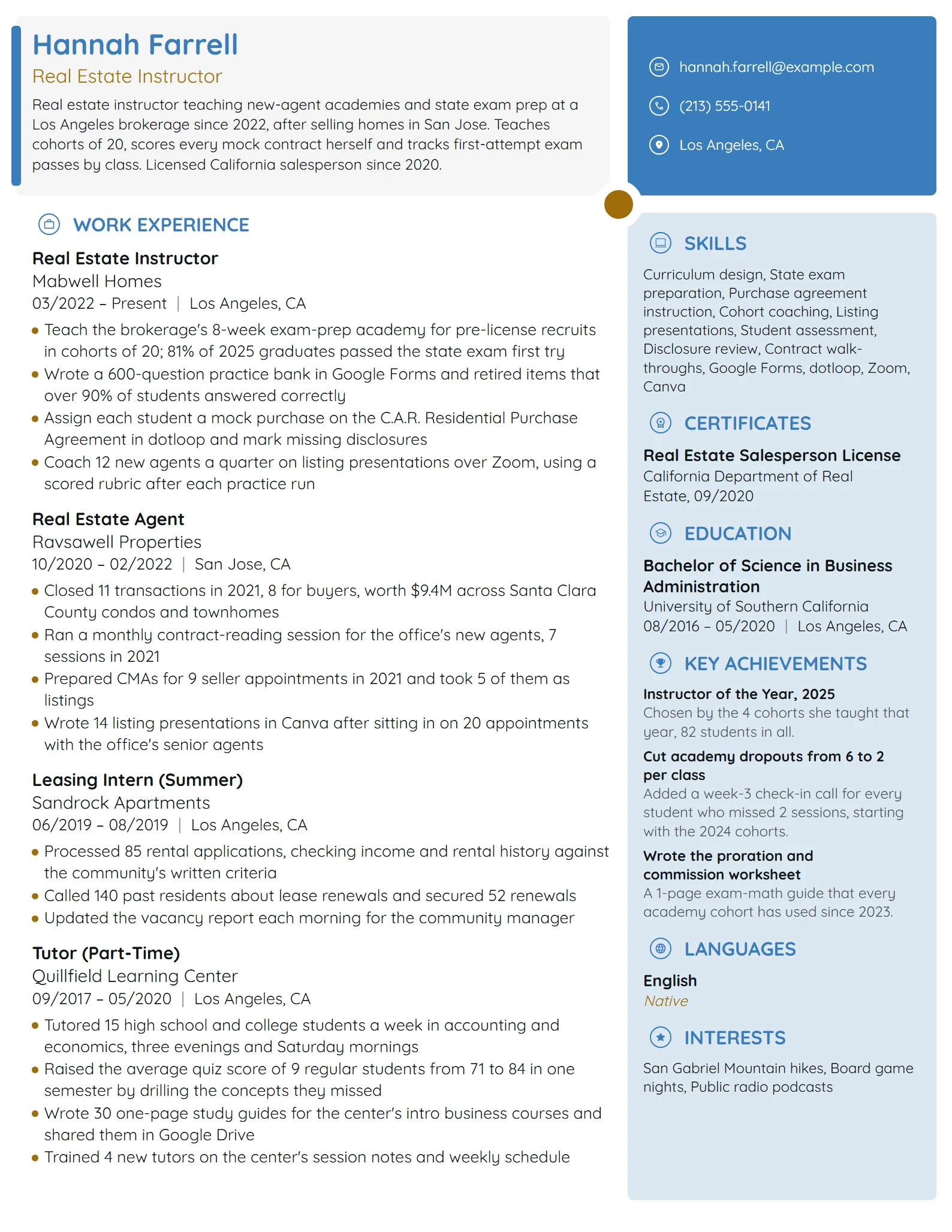 Real Estate Instructor resume example