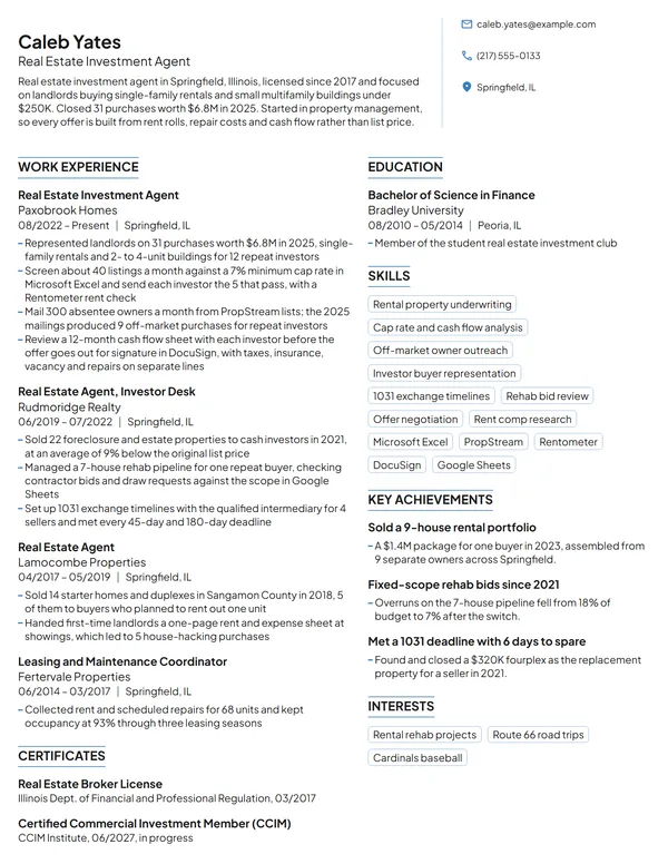 Real Estate Investment Agent resume example