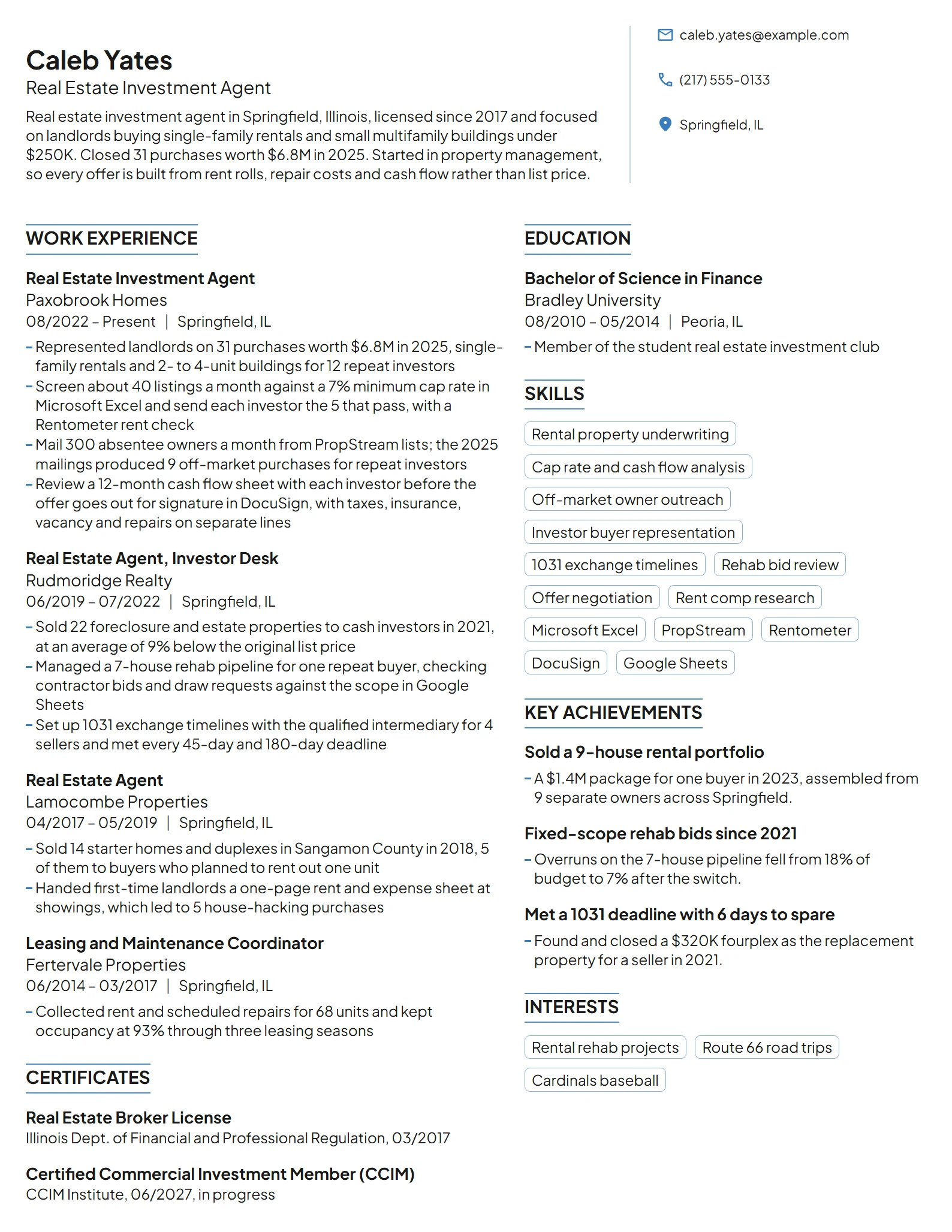 Real Estate Investment Agent resume example