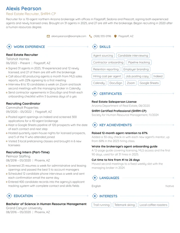Real Estate Recruiter resume example