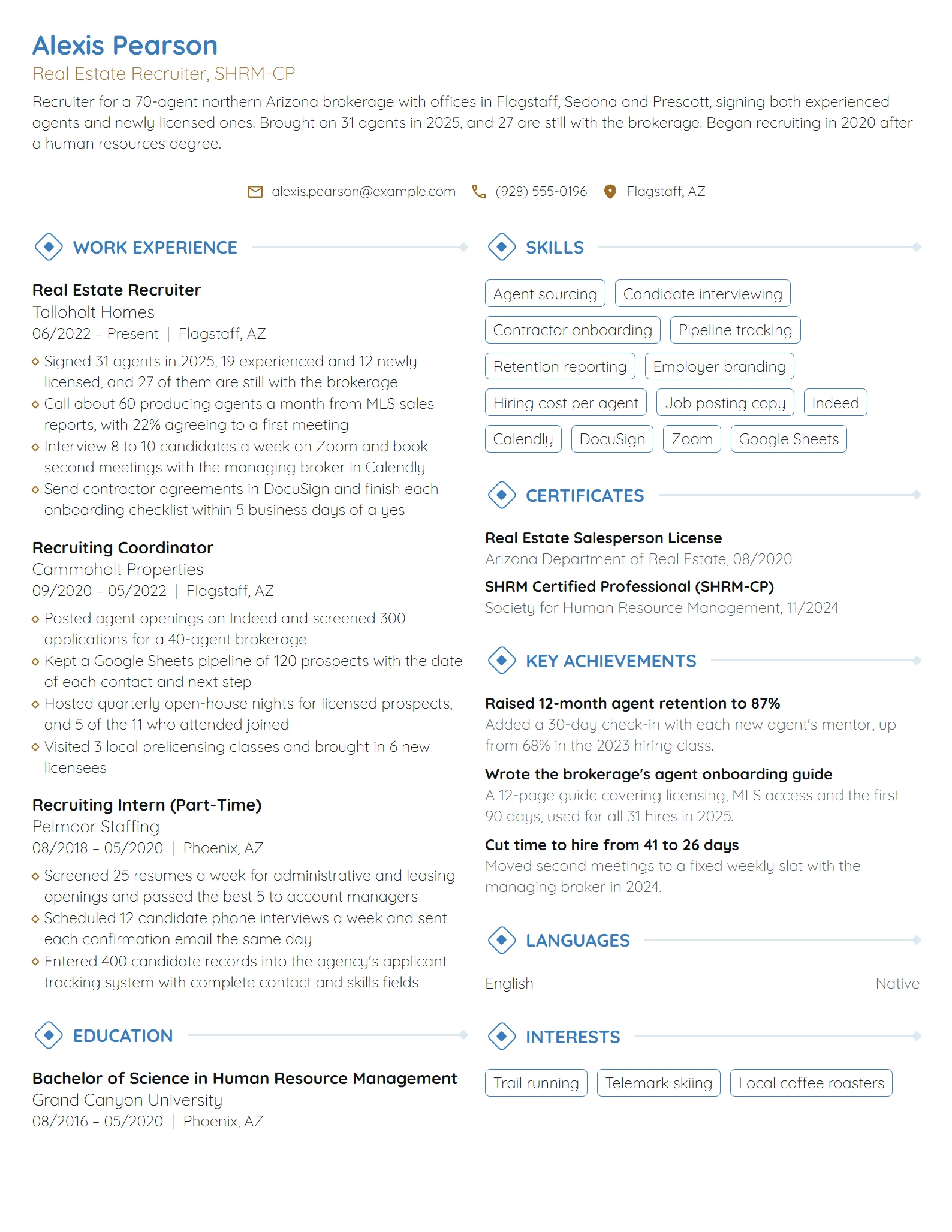 Real Estate Recruiter resume example