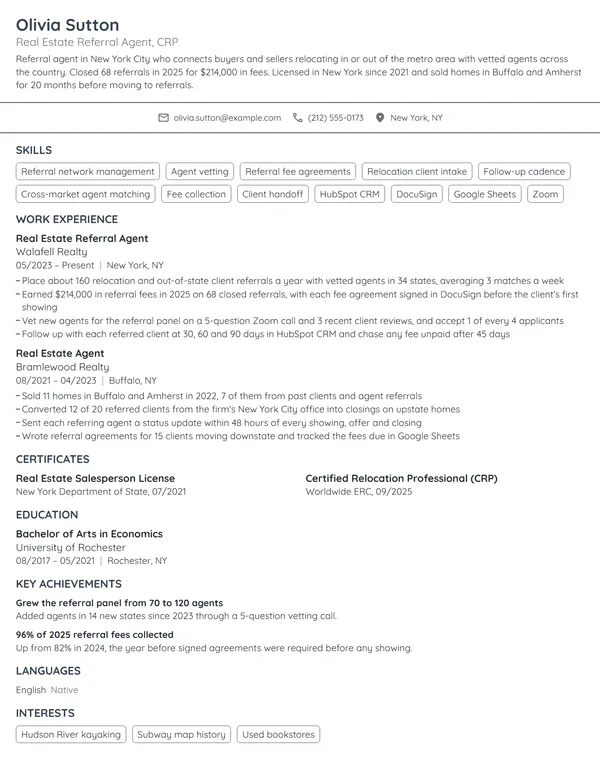 Real Estate Referral Agent resume example