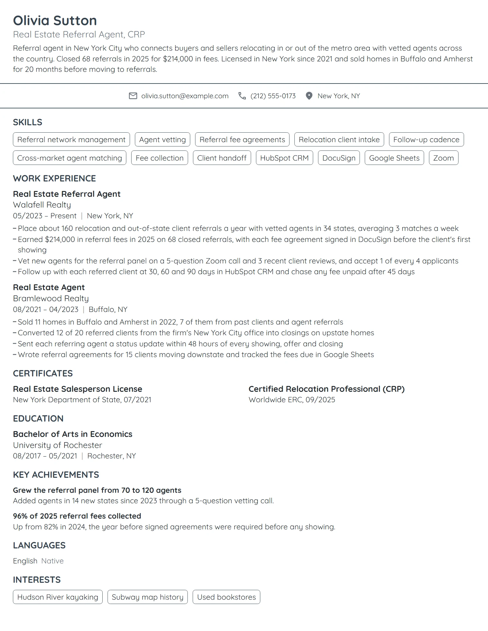 Real Estate Referral Agent resume example