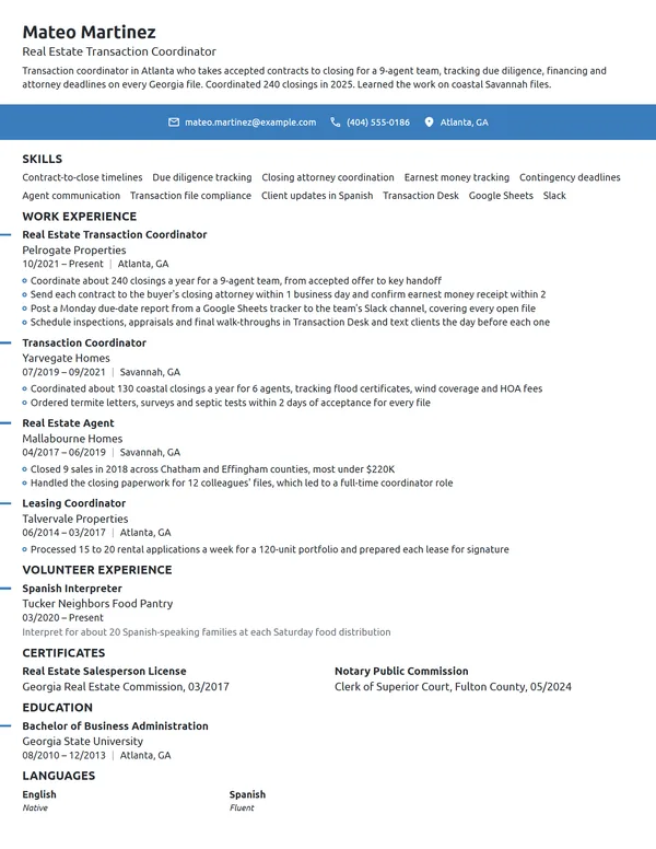 Real Estate Transaction Coordinator resume example